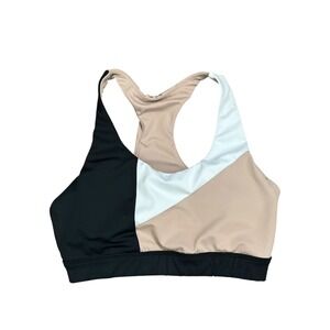 Allfenix Colorblock Racerback Padded Sports Bra Black Tan White Women's Small